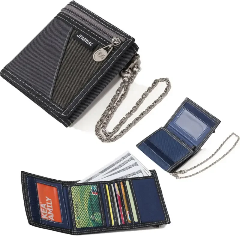 

2024 New Fashion Mens Short Tri-Fold Wallet Best Soft Canvas Purse Bifold Male Wallet Casual Money Bag with Chain 5 Colors