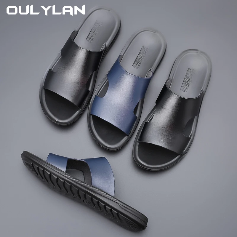 Oulylan 2024 Men\'s Summer Leisure Beach Sandals Outdoor Slide Walking Comfortable Lightweight Leather Fashion Design