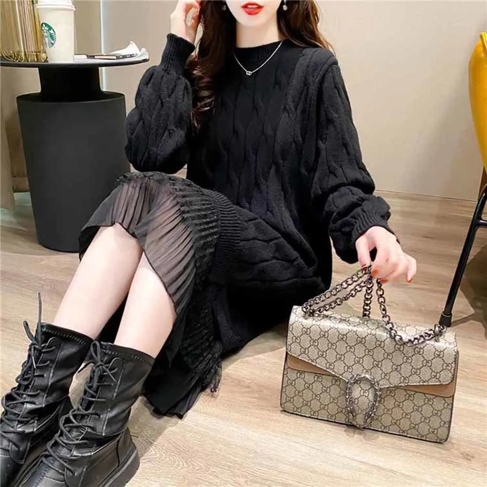 Medium Length Dress Women\'s Autumn Winter 2021 Solid Color Mesh Hem Stitching Knitted Bottomed Skirt Long Sleeve Dresses