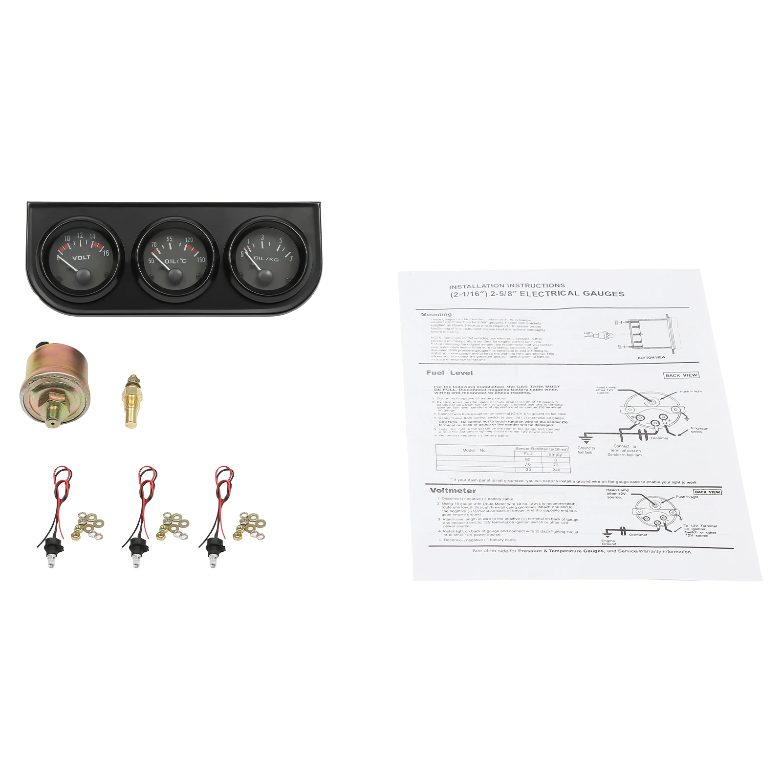 3-in-1 Dreifach-Kit Voltmeter Wassertemperatur (Celsius) Öldruck Schwarz/Chrom-Fassung mit Temperatur- und Drucksensor 52mm – Detail 10