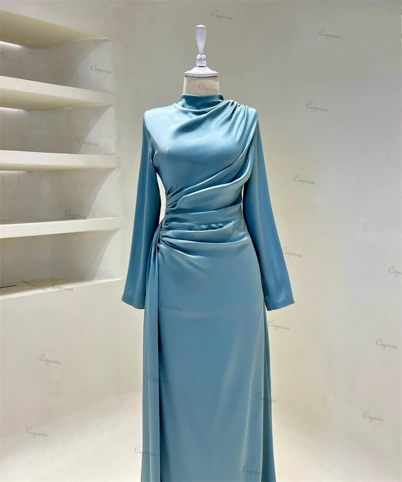 Ciynsia Classic Evening Dresses For Women Muslim O-Neck Full Sleeves Formal Dress Satin Mermaid Floor Length Robes De Soirée