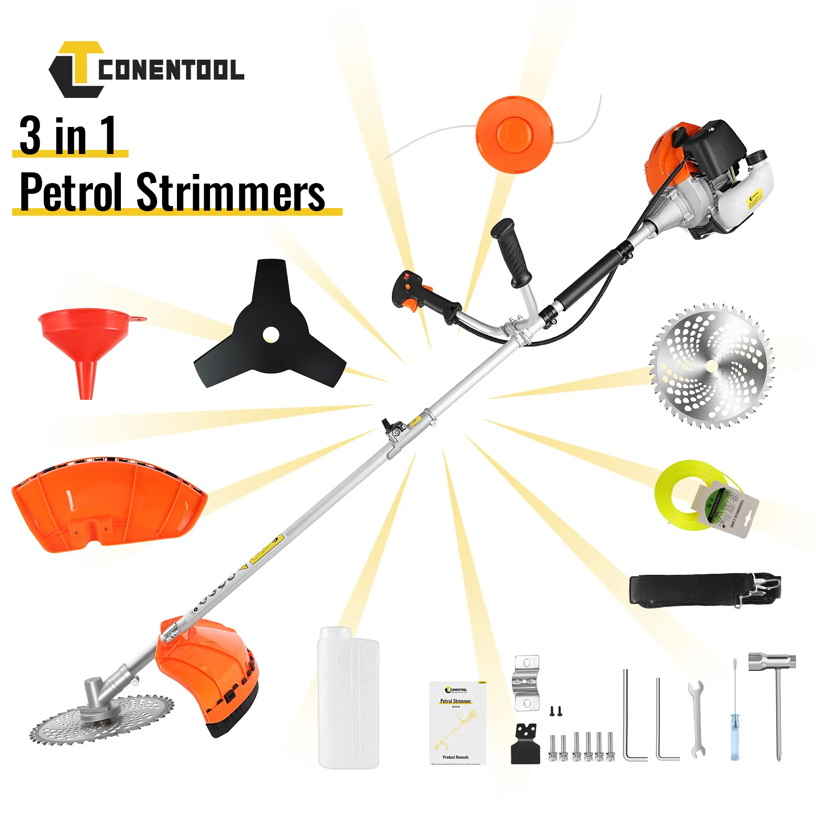 CONENTOOL 3-in-1 52CC Benzin-Rasenmäher 2500W Multifunktionaler Benzin-Trimmer 2-Takt Benzin-Freischneider Gartenwerkzeug Unkrautentferner