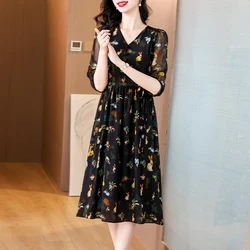 2024 Summer Luxury Chiffon Floral Print Casual Midi Dress Women's Vintage Elegant Chic Dress Holiday Boho Beach Evening Dresses