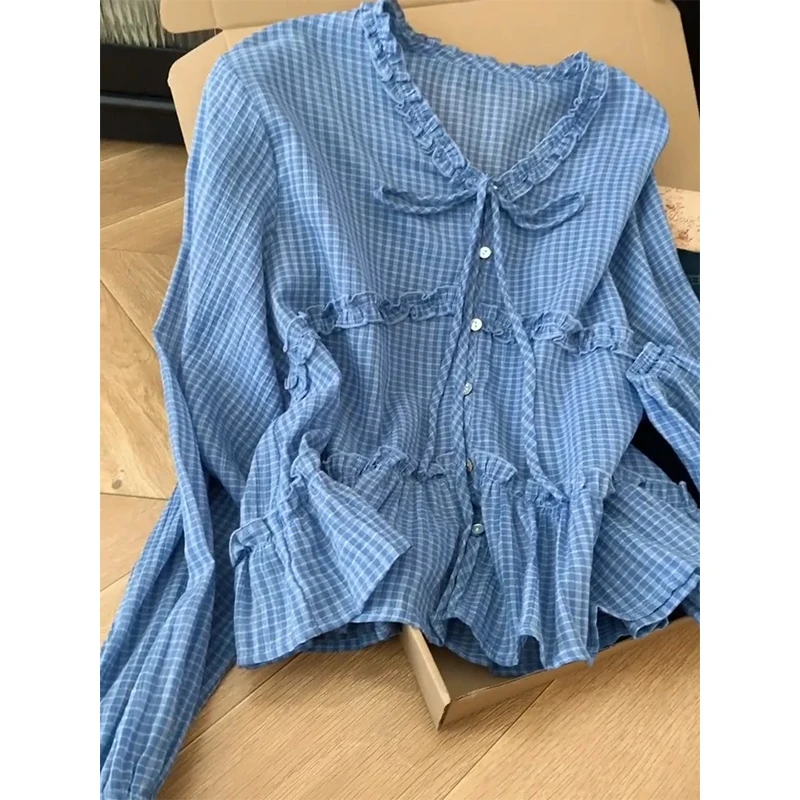 

French Sle Long Sve irt Women Loose Vintage Belted Plaid Patchwork Wood ain Busin Casual irt for Women