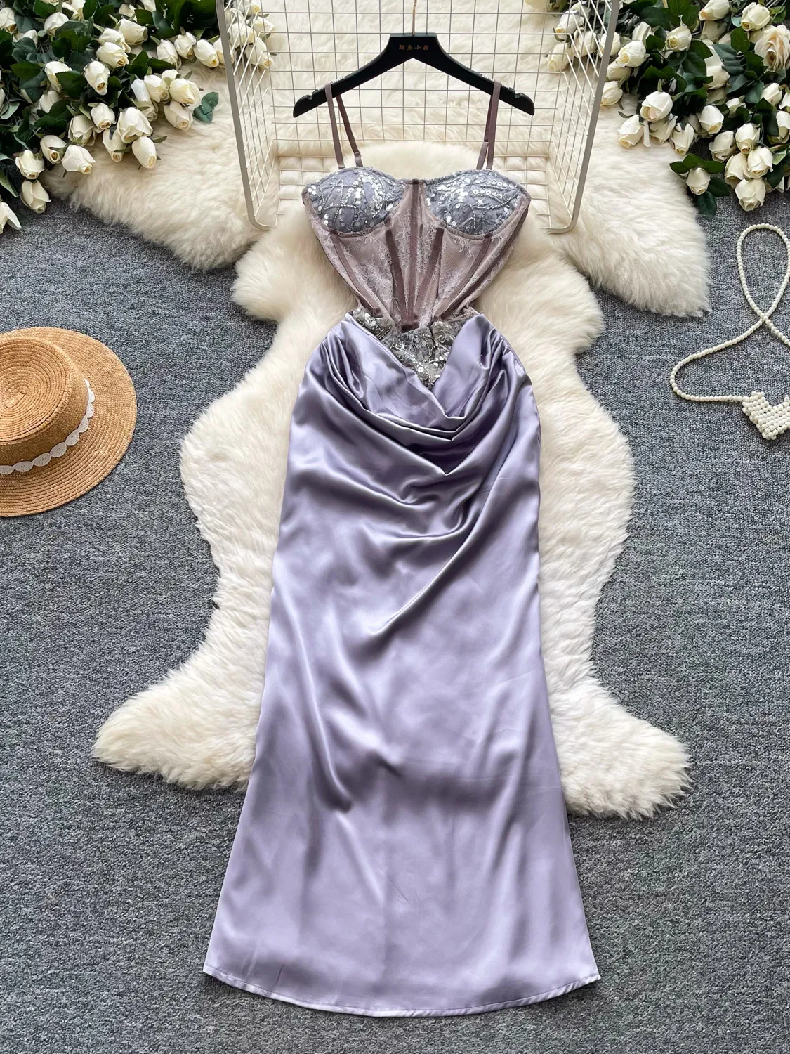 Women Purple Sequin Cami Dress Sexy Lace Satin Patchwork Evening Dress French Luxury Elegant A-line Long Dress for Women Summer