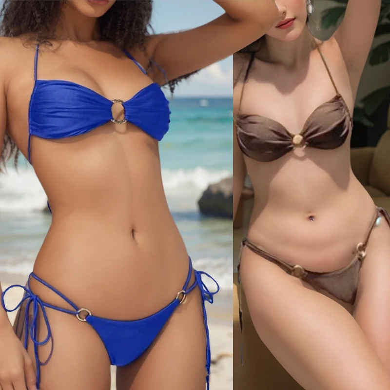 

2025 New Solid Color Lace-up Micro Bikini Set Women Sexy Split Swimsuit Women Bathing Suit Bandeau Biquinis Swimwear Beachwear