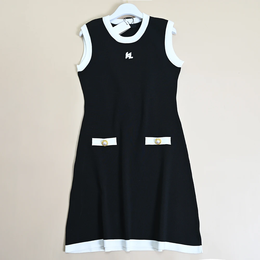 

Summer New Sle American round Ne Beaded Slim Fit Svel Knitted Dr High Waist A-Line Midi Dr Color