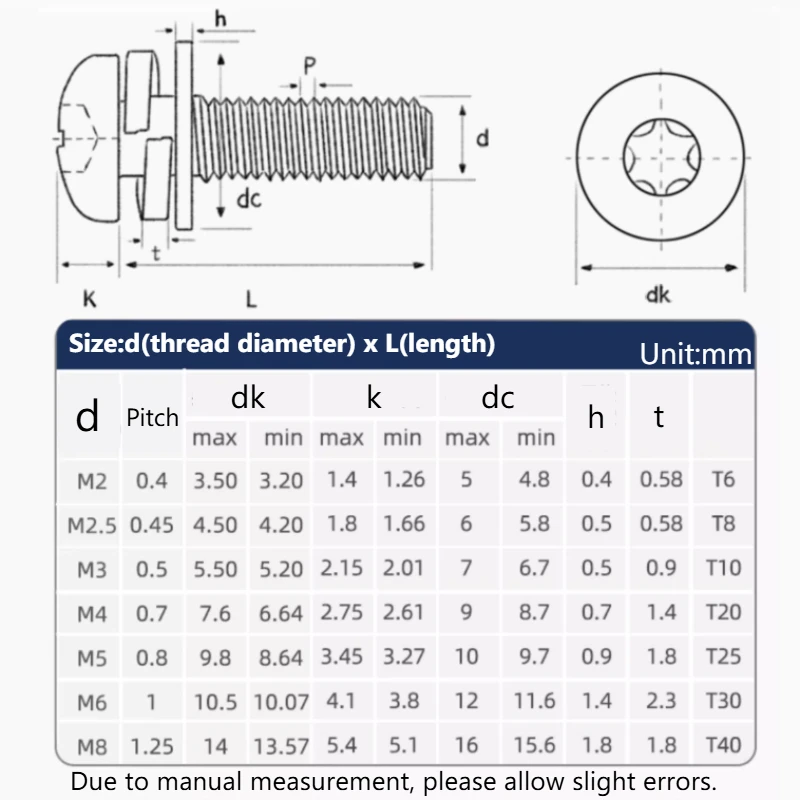 304 A2-70 Stainless Steel Six-Lobe Torx Pan Head Screw with Washer M5 M6 M8 Three Combination Machine Sems Screw GB2672