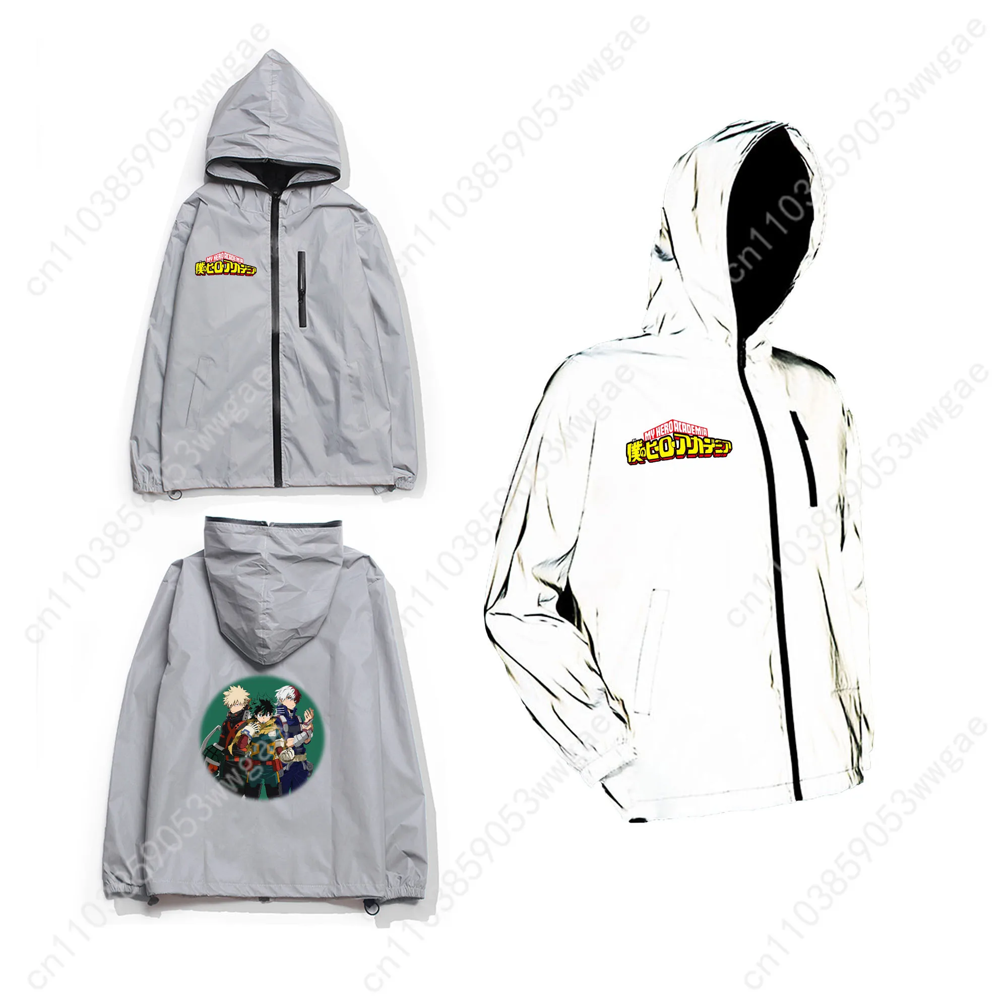 My Hero Academia Reflective Jacket Mens Womens Coat Hooded Windbreaker Run Pocket Jacket Cycling Hiking Zipper Customized Hoodie