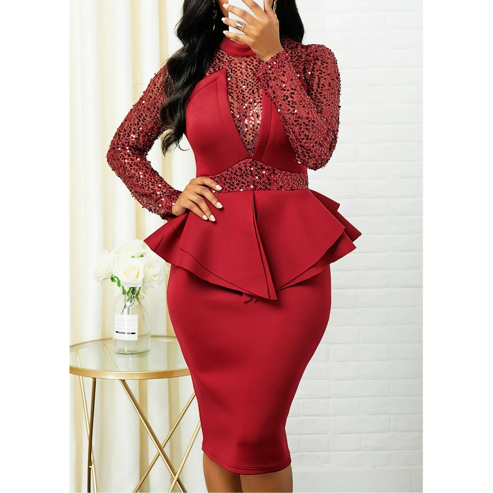 African Dresses for Women Spring Sexy Sequin Long Sleeve Party Women Casual Plus Size Slim Ruffles Office Pencil Bodycon Dress