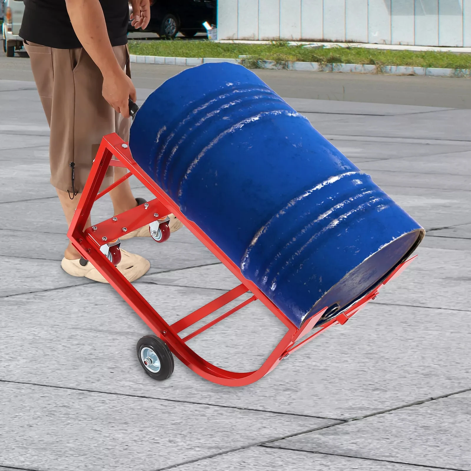 55Gal Drum Cradle with 4 Wheels – Red Drum Cradle, 600lbs Capacity for Heavy-Duty Workshop & Factory Tasks