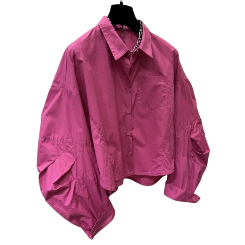 

SuperAen Loose Long-sleeved Short Shirts Women 2026 Spring New Fashion Pink Lapel Collar Single-breasted Tops