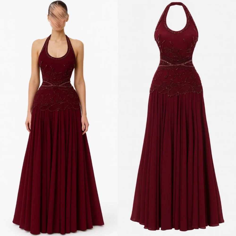 

Customized Matching Sexy Jersey Beading Sequined A-line Halter Long Dresses Bespoke Occasion Dresses Sizes Available Classic