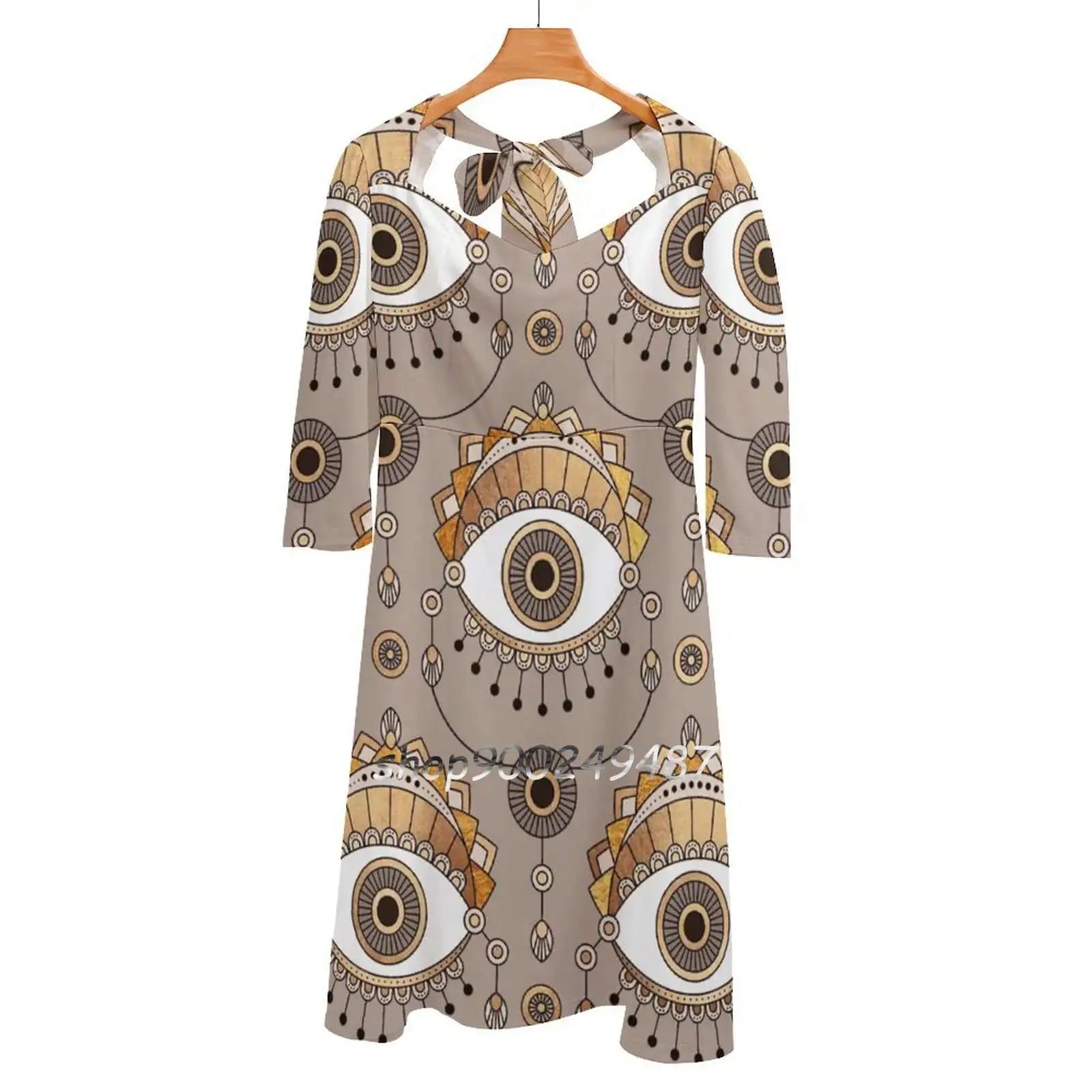 Gold Eyes Pattern Sweetheart Knot Flared Dress Fashion Design Large Size Loose Dress Eyes Eye Gold Golden Luxurious Ornamental