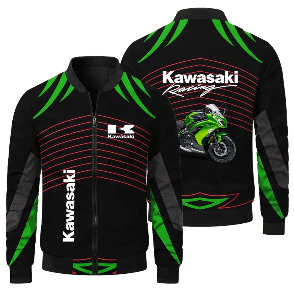 

Мужская куртка на молнии с круглым вырезом и 3D логотипом Kawasaki, куртка с принтом, классическая гоночная уличная внедорожная велосипедная летная куртка