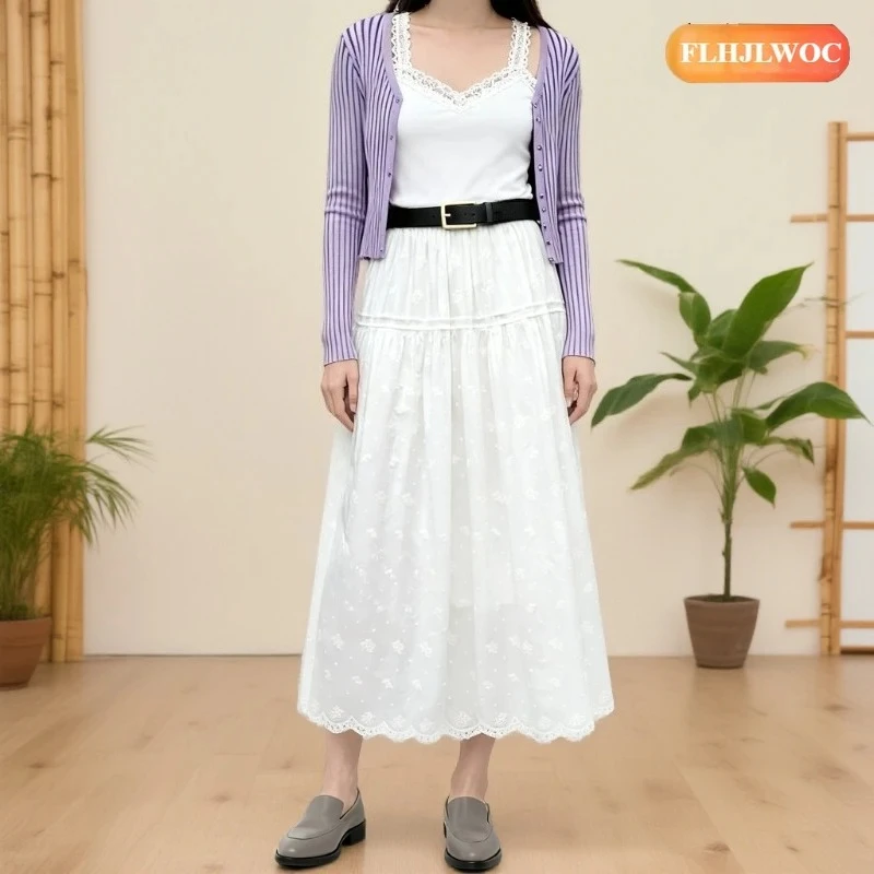 Cotton Long Skirts Romantic Girls 2026 Spring Cute Sweet Girls Lace Cotton Embroidered Lace Fairy Women's White A-Line Skirt