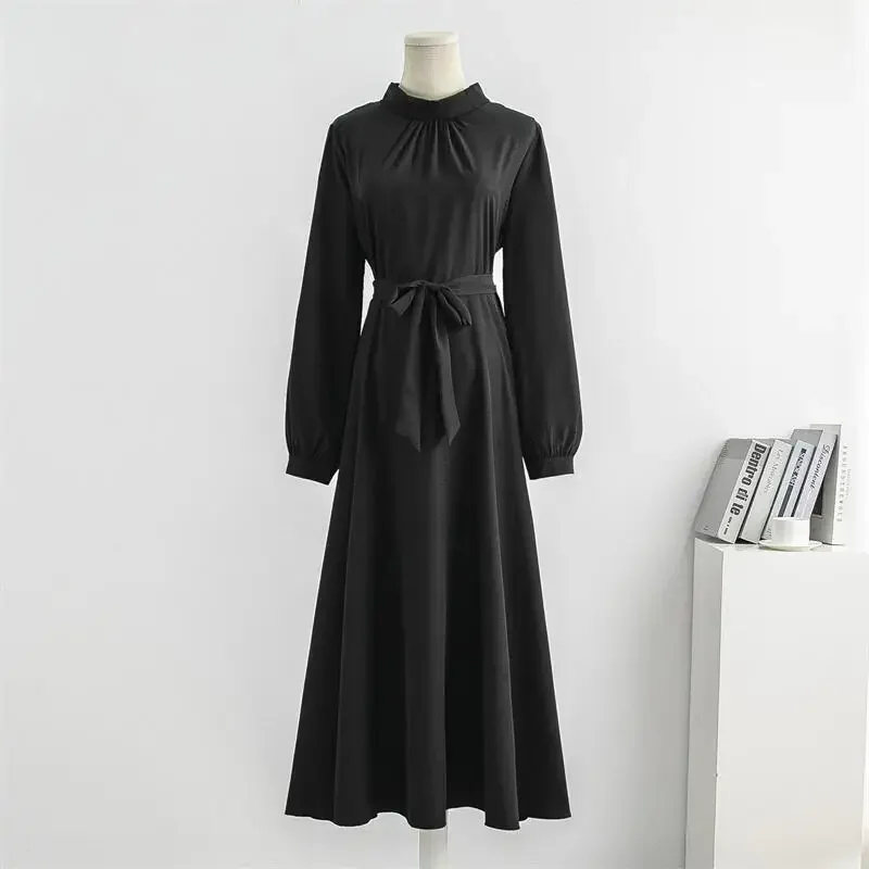 Spring Autumn Long Dresses Plus Size Female Vintage Full Sleeve Solid A-line Chiffon Dress Women Maxi Dresses Muslim Dress