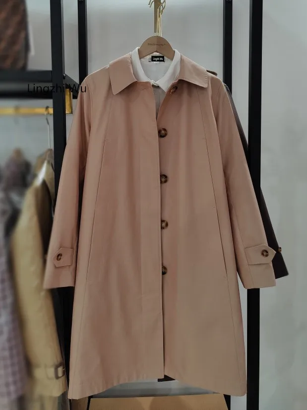 

Lingzhi Wu Cotton Trench Top Quality Female Classic Medium Length Coat 100% Cotton Waterproof OL Outerwear Pink New Arrival