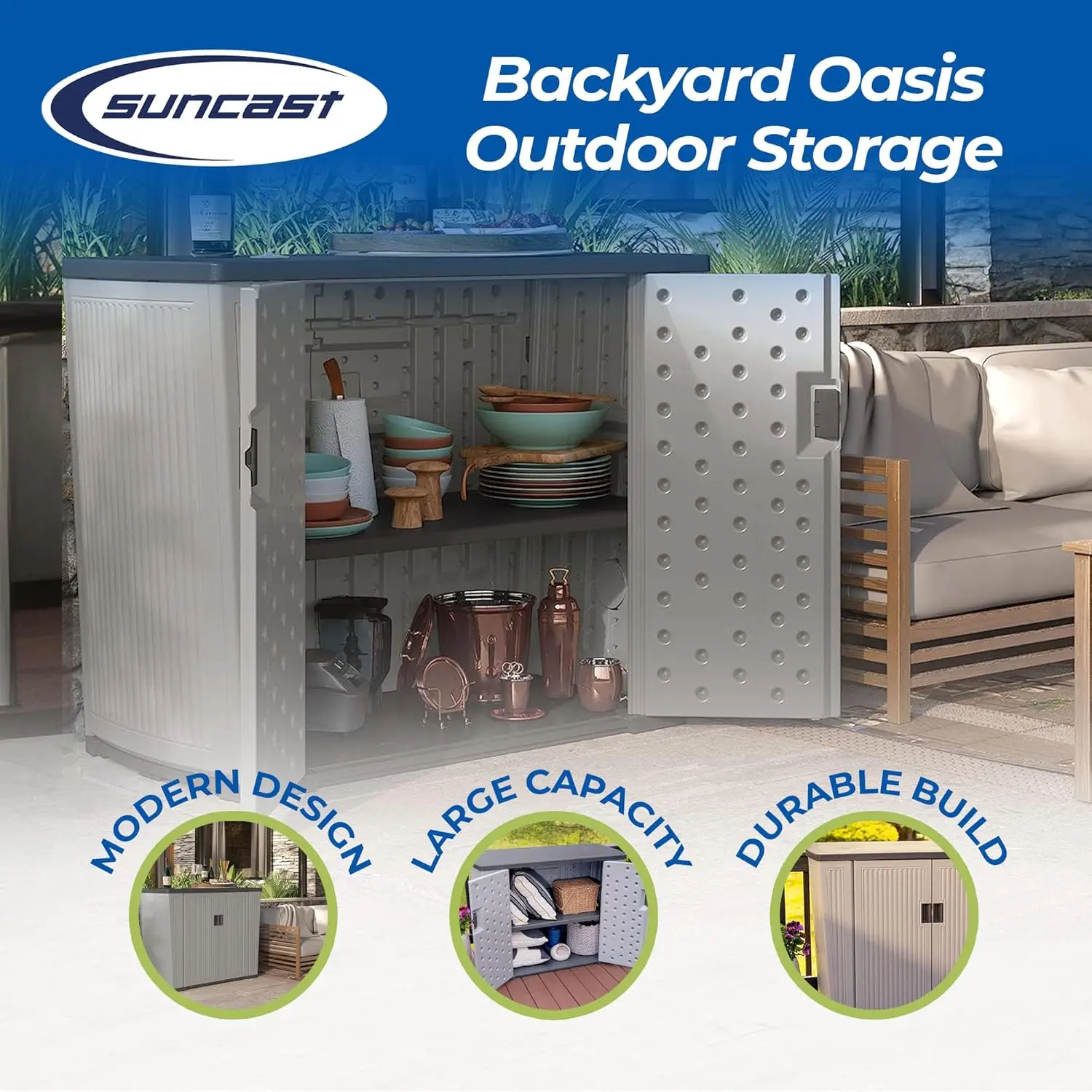 Backyard Outdoor Storage, Plastic, Peppercorn, 130-Gallon, Lockable, Made in the USA
