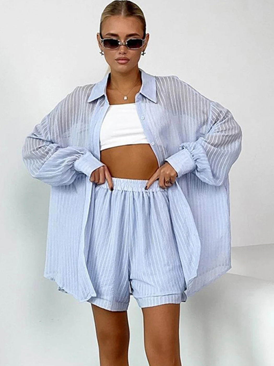 

Jyate Cotton Vertical Stripe T-shirt Shorts Two Piece Set For Women 2023 Summer Turn-Down Collar Top Shorts Ladies Casual Outfit