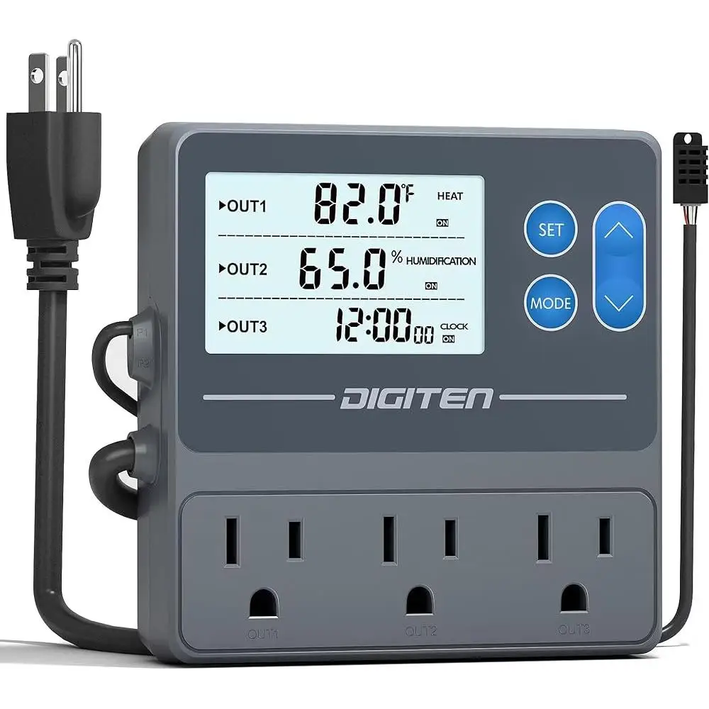 Reptile Temperature Humidity Controller Timer Thermostat 3-Stage Outlet Plug Humidistat LCD Display Precision Sensor Equipment