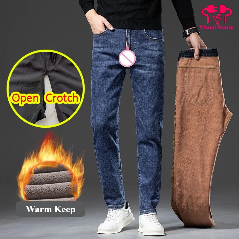 

Мужские сексуальные зимние термоджинсы с открытой промежностью, стильные леггинсы до щиколотки со скрытой молнией, теплые уличные толстые брюки без вырезов