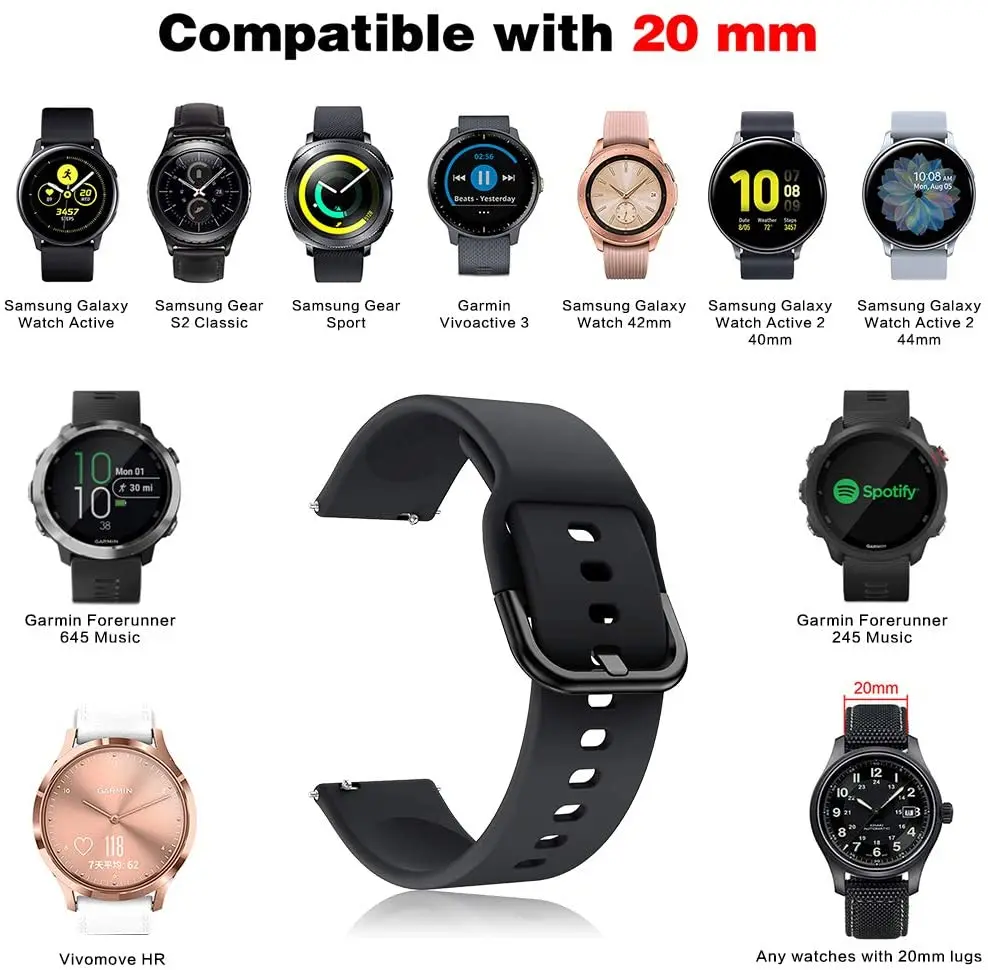 สายนาฬิกาข้อมือซิลิโคน20มม. สำหรับ Garmin vivoactive 5 3 Forerunner 165 55 645 245 venu 2plus สายรัดข้อมือเข้าใกล้สายนาฬิกา S42