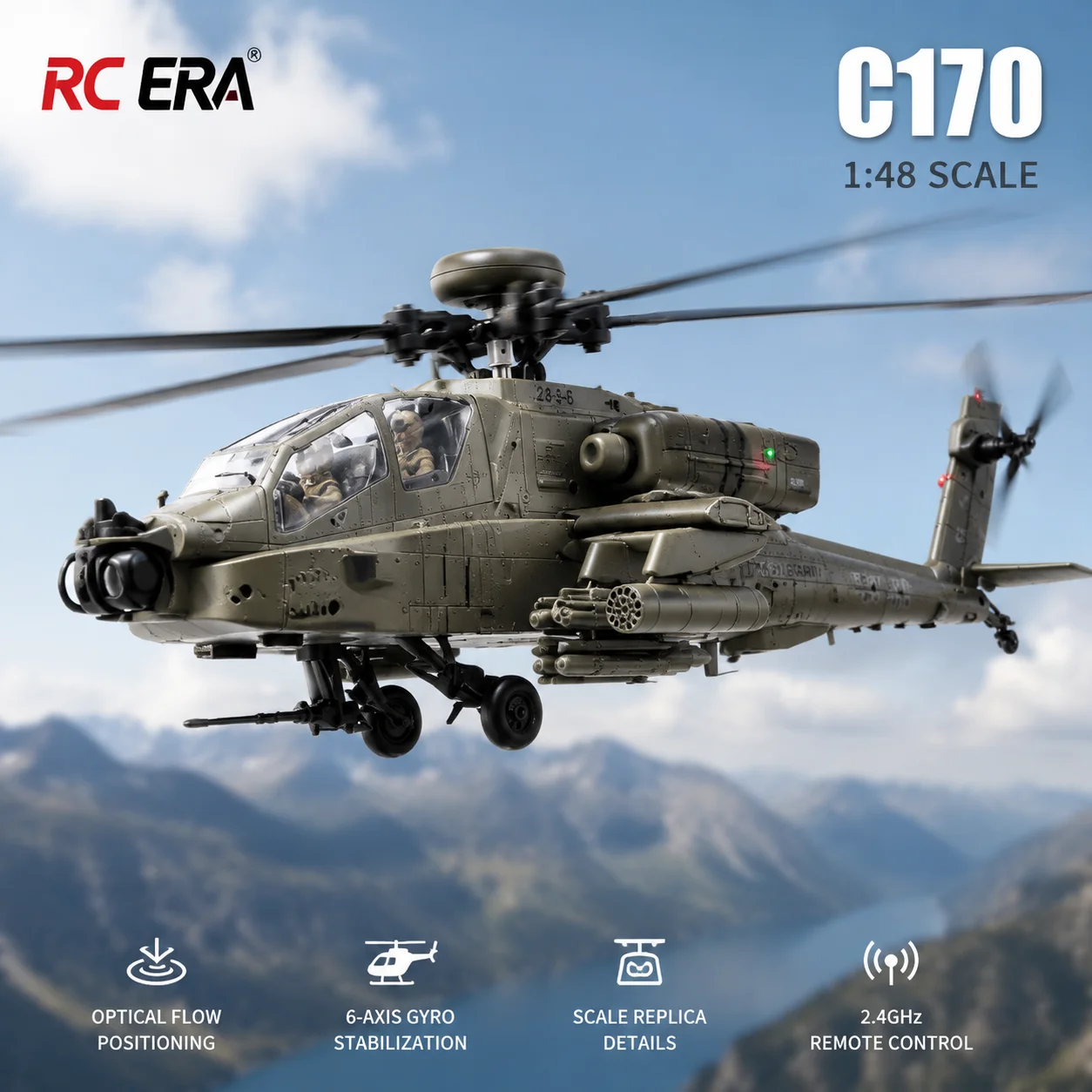RC ERA 1/48 Apache Remote Control Helicopter C170 Optical Flow Positioning 6-Channel Brushless Simulation Aircraft Model RC Toy