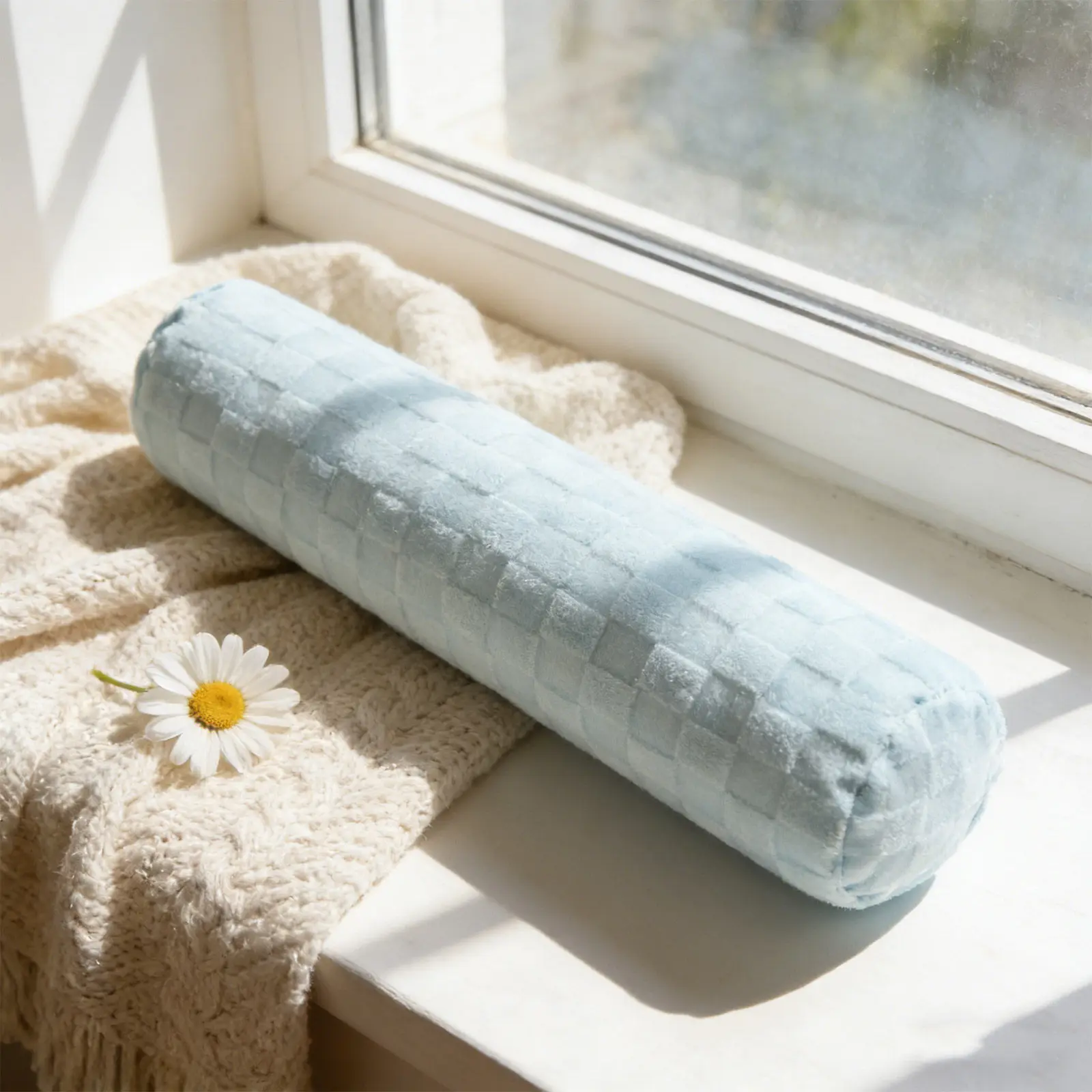 Soft Sky Blue Round Cylinder Pillow Cover Neck Roll Pillowcase for Bedroom Office Couch Sleeping Neck Pillow Cushion