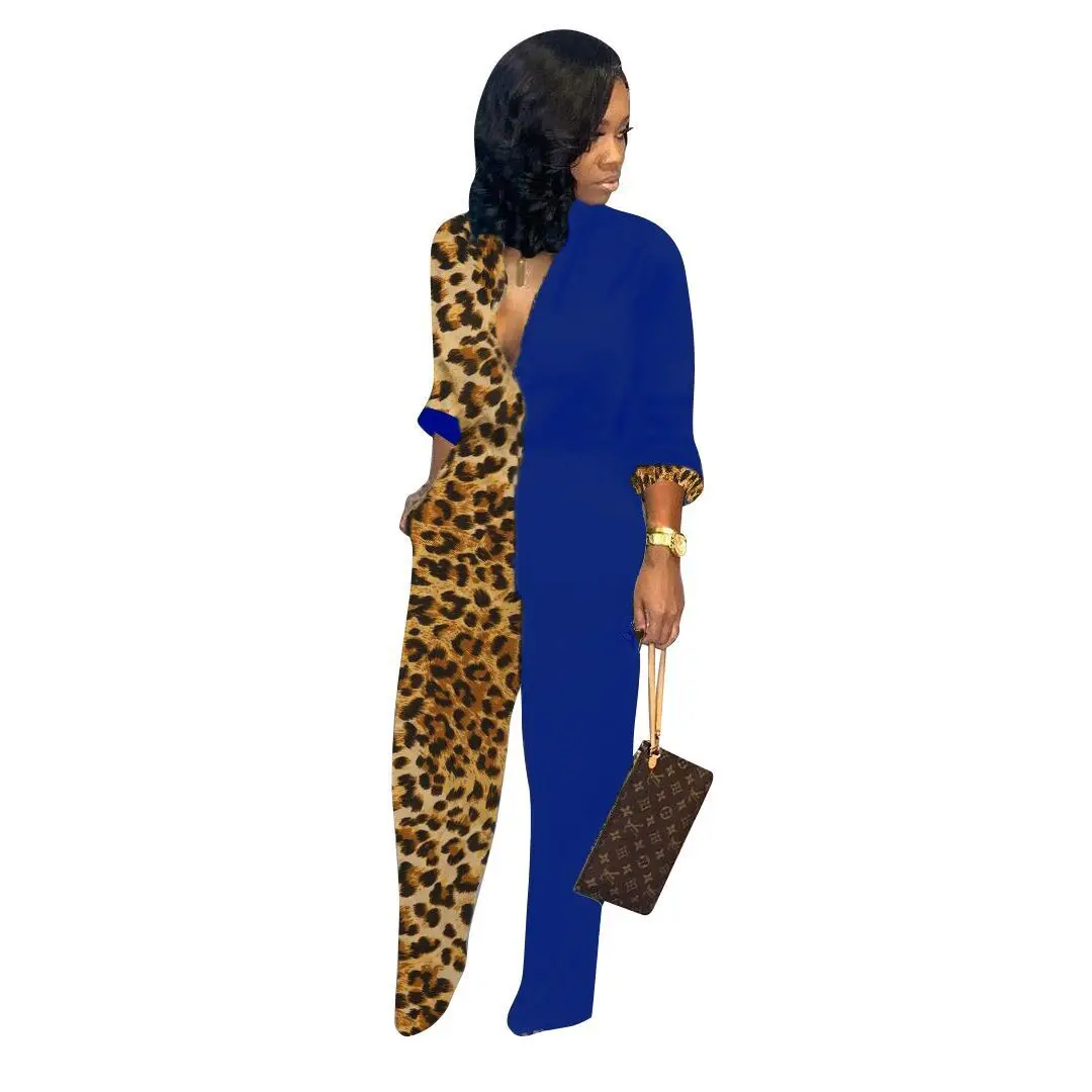 

Leopard print long sleeve straight leg pants jumpsuits for women one piece outfit overalls