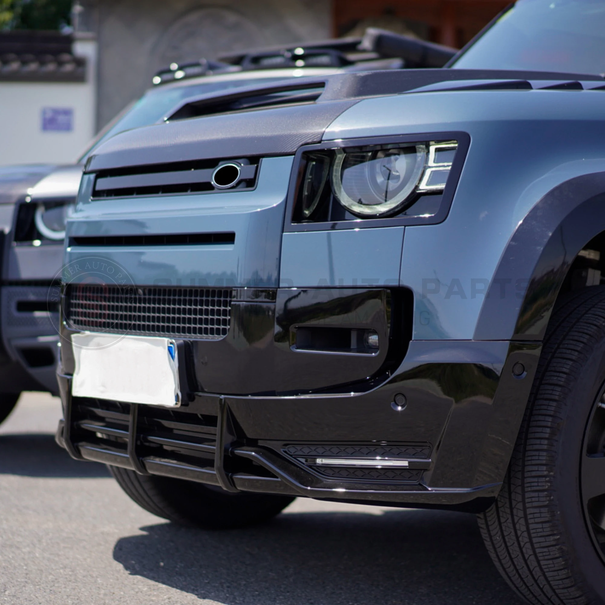 تصميم جديد اكسسوارات السيارات الخارجية طقم الجسم المصد الأمامي الشفة مع مصباح ليد لاند روفر ديفندر 90 110 #4