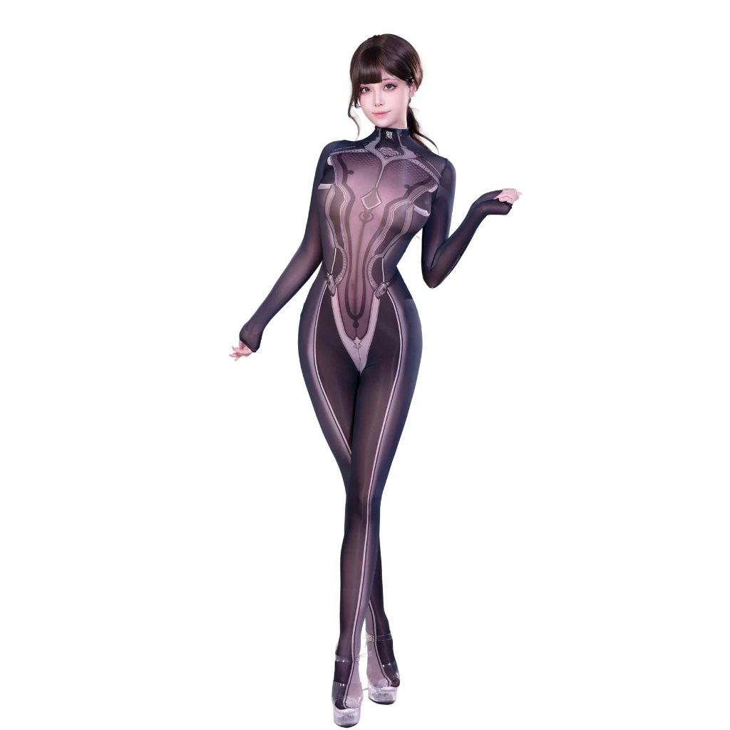 

Cyberpunk Cosplay Costume Mechanical Print Elastic Catsuit Playsuit Women Sexy Shiny Jumpsuit Long Sleeve Glossy Spanex Bodysuit