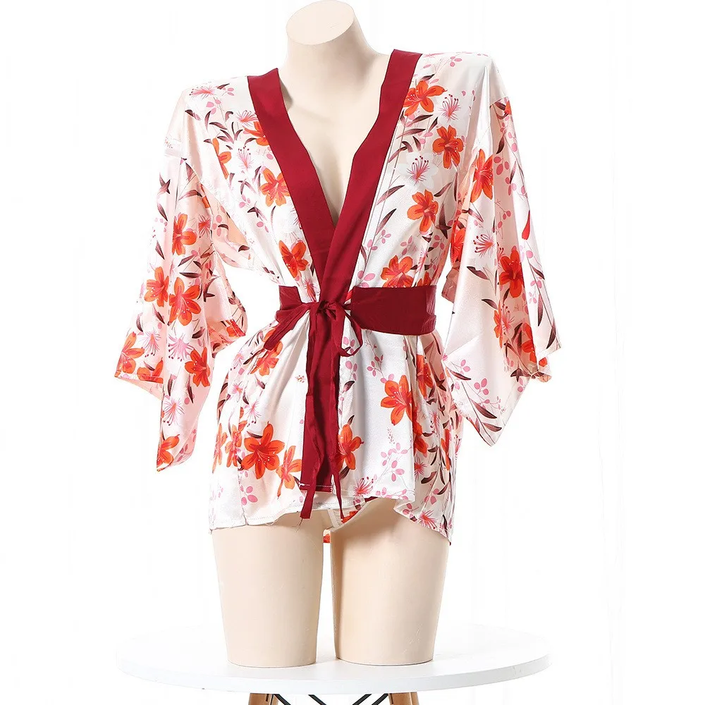 

Japanese Kawaii Kimono Sexy Cosplay Lady Sash Tied Robe Hot Nightwear Low-Cut Dress Women Costume Pajamas Cute Lingerie Set