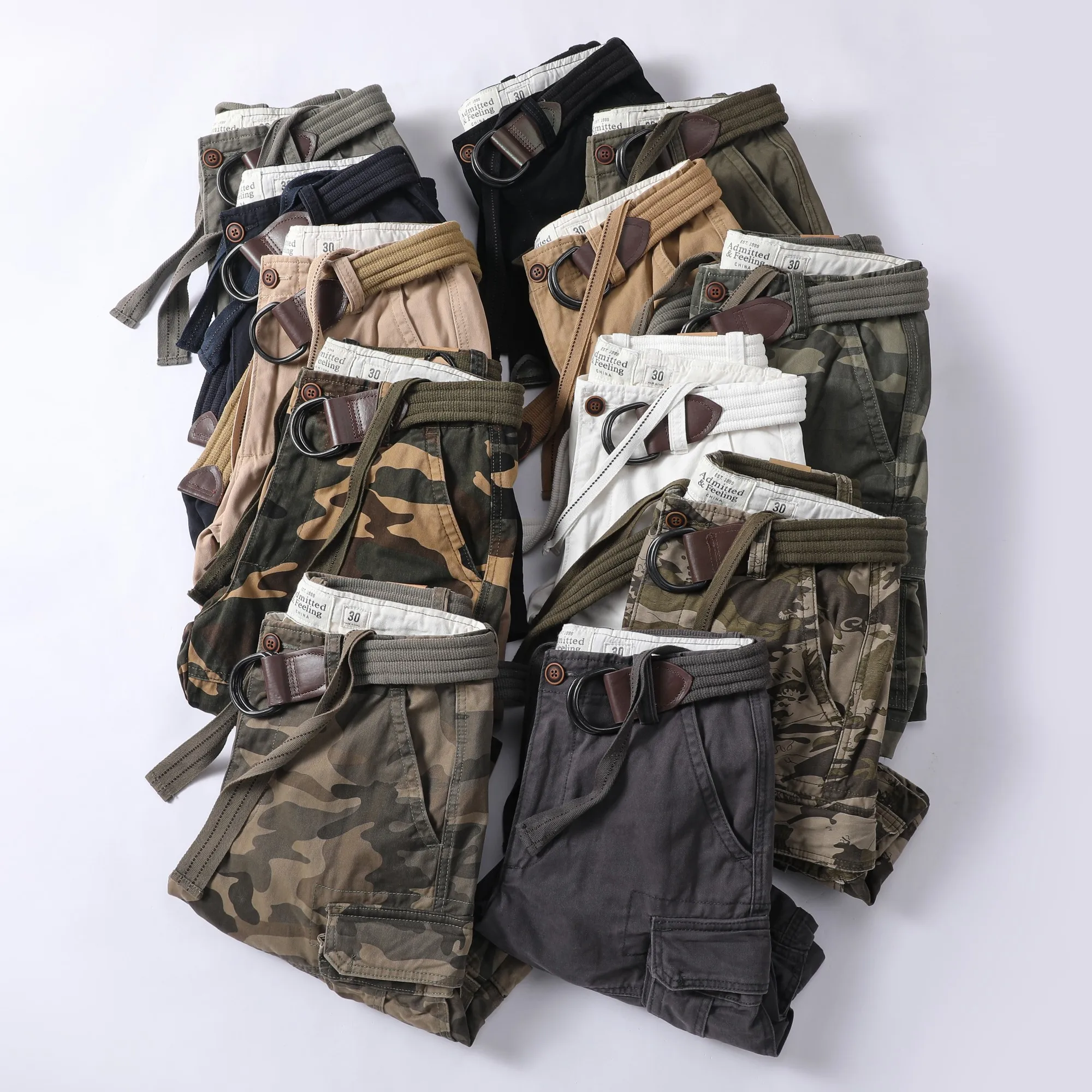 Retro Style Men's Summer Outdoor Casual Shorts Multi Pockets Sports Shorts Straight Knee Length Plus Size Cargo Shorts with Belt