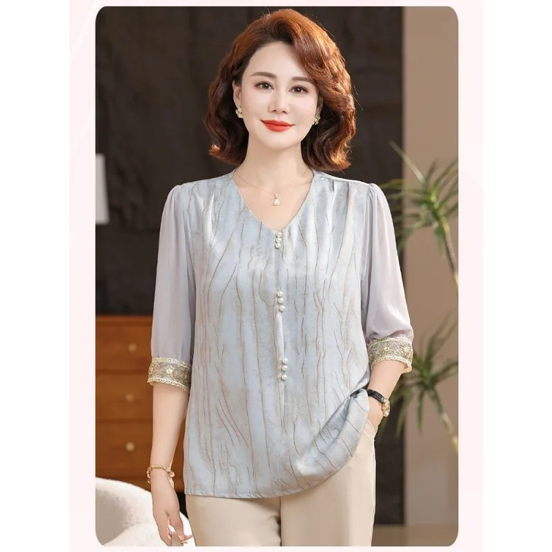 

Women's V-Neck Half Sleeve Pearl Button Embroidered Cuff Loose Blouse Light Yellow Casual Top