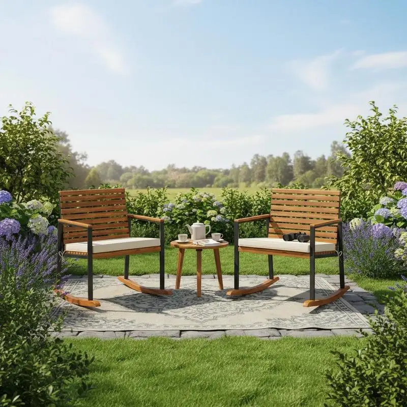 

Acacia Wood Outdoor Lawn Rocking Chair Set of 2, Outdoor Patio Rocking Chairs with Armrests, Cushion, Cream White