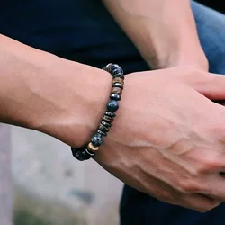 Vintage Natural Stone Wooden Bracelet Men Grade A Tiger Eyes Onyx Hematite Wooden Beads Braclet Healing Leisure Homme Jewelry