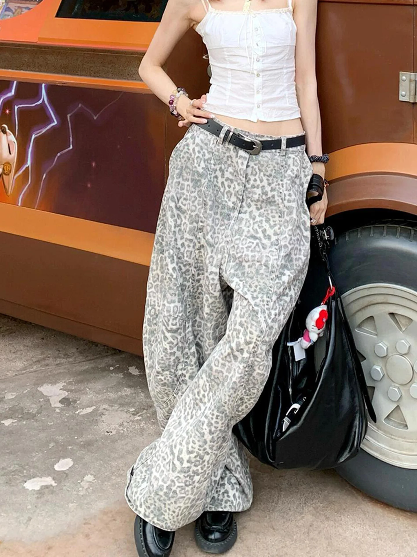 

Ретро-джинсы в американском стиле с леопардовым принтом для женщин: летние, широкие, свободные, в пол, с эффектом потертости, в стиле Lazy Style