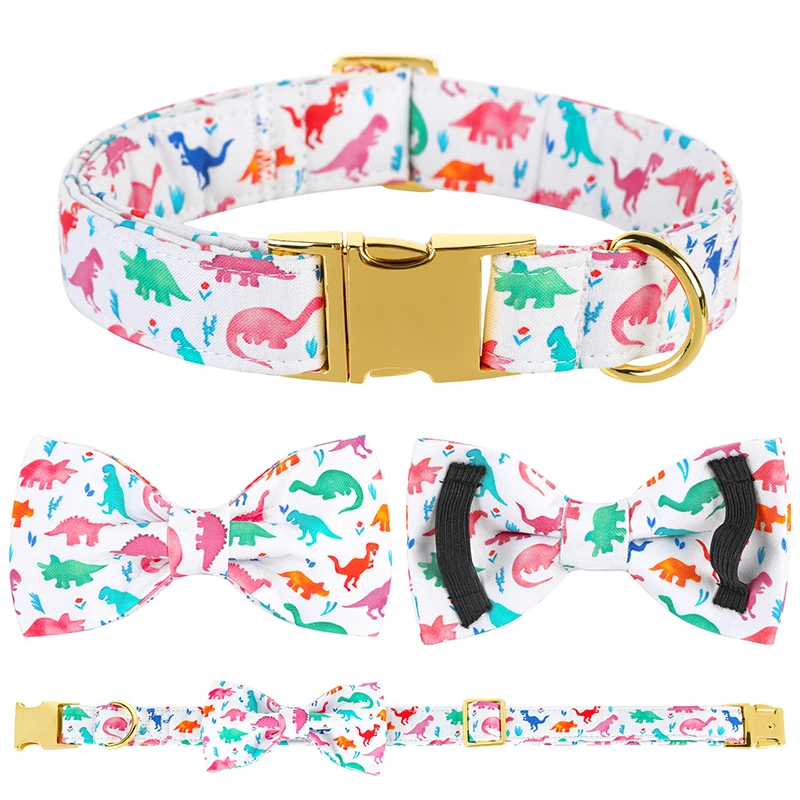 Unique Personalized Dinosaur Cotton Dog Collar and Leash Set with Bow Tie Summer Dog Collar for Dog Metal Buckle Pet Accessories