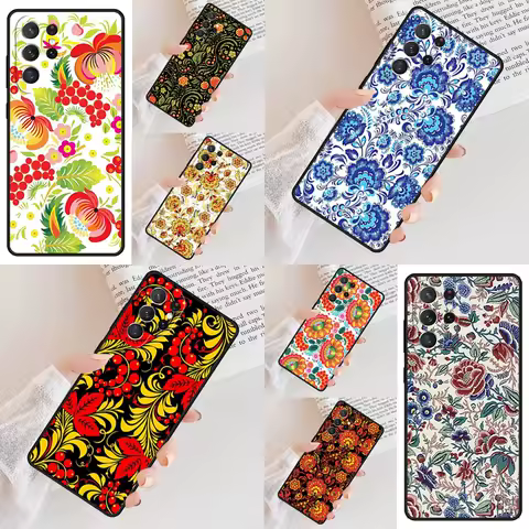 Khokhloma Russian Pattern Flower Phone Case For Samsung Galaxy S24 S23 S22 S21 Ultra S10 Note 10 Pro S20 Plus FE S9 S8 Cover