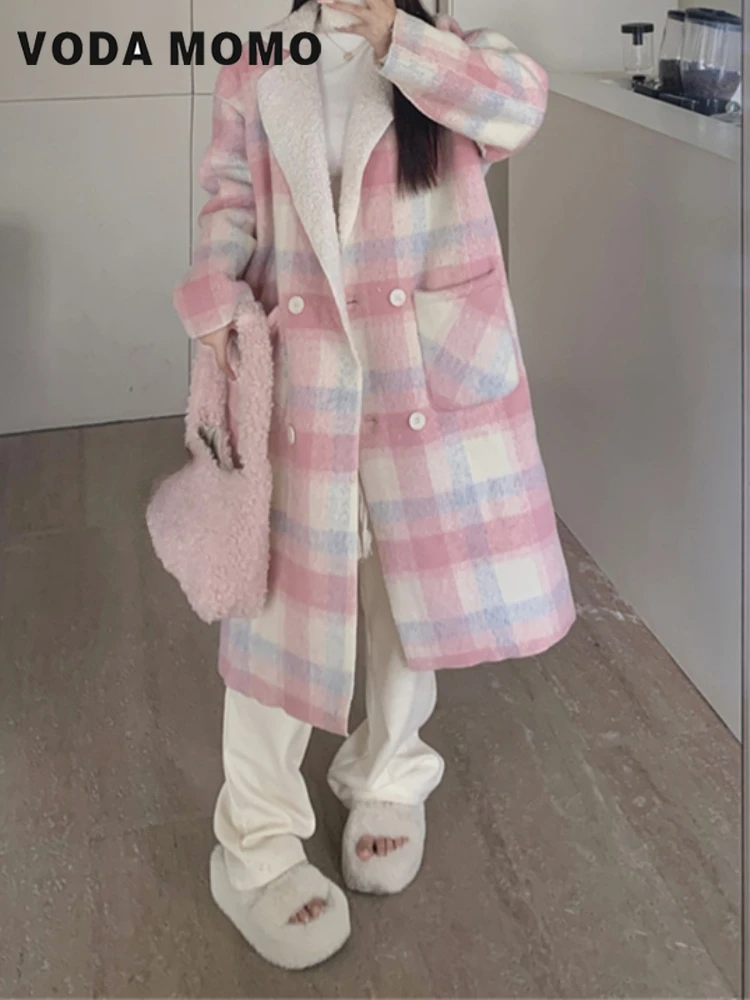 

Plaid Rainbow Wool Coat Women Korean Fashion Loose Casual Long Trench Coat Female Elegant Warm Outwear Overcoat Winter 2024 New