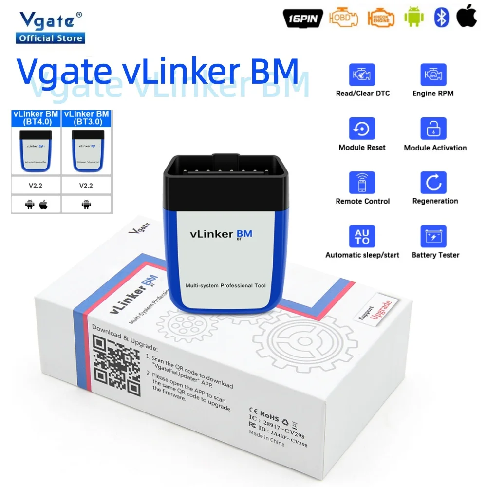 Vgate VLinker BM+ ELM327 BimmerCode Auto Code Reader BLE Diagnostic Tool Car Scanner ELM327 OBD2 Bluetooth 4.0/3.0 V1.5