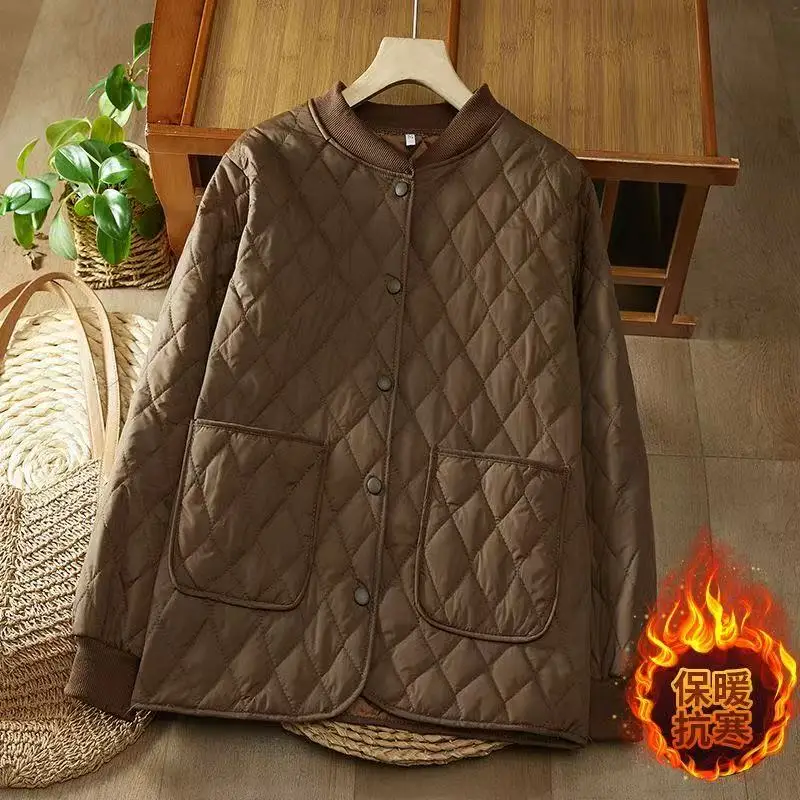 2025 Giacca in cotone leggero da donna Nuove giacche larghe a maniche lunghe con griglia di diamanti autunno inverno top casual solido da madre