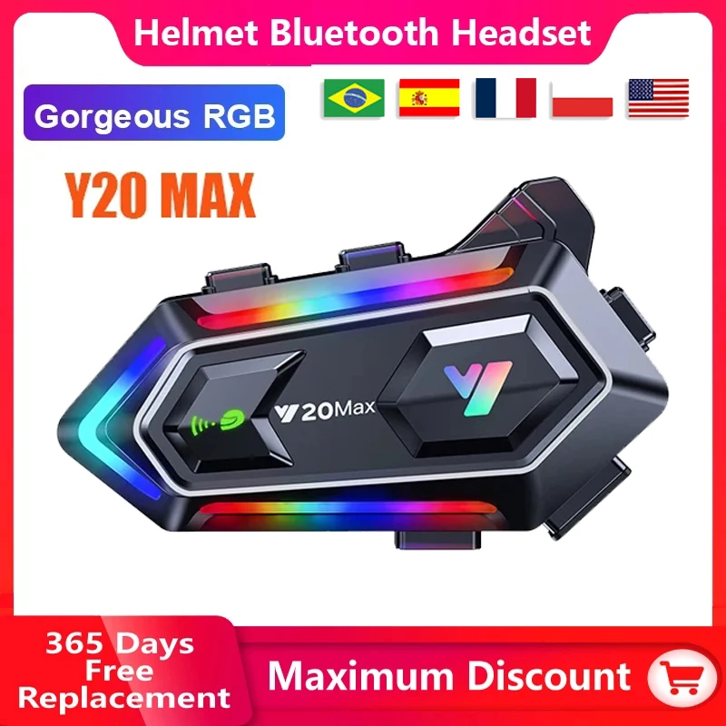 Y20 MAX Motorcycle Helmet Bluetooth Headset Intercom With Mixing V5.3 RGB Colorful Light Effect 1000mAh Battery IPX6 Waterproof