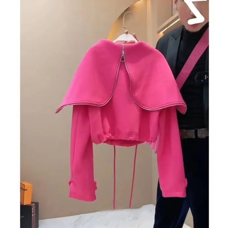 Design sense, large lapel, drawstring short jacket for women, 2024 spring new fashion, small and chic, street top