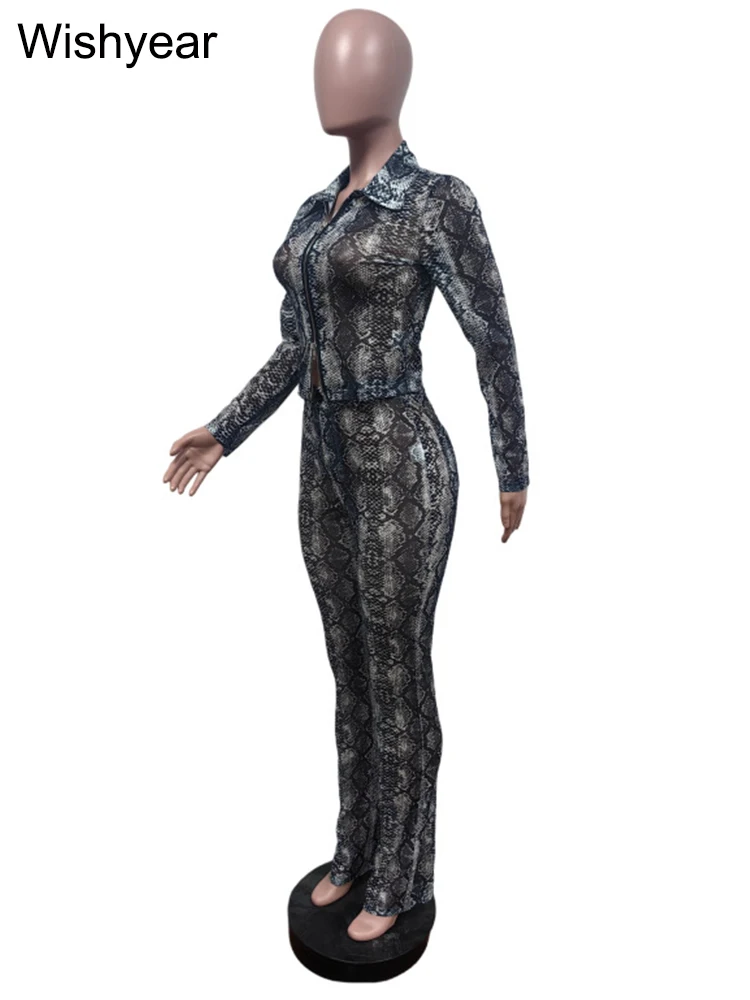 مثير النادي الليلي الأفعى نمط 2 قطع النساء مجموعة كم كامل المحاصيل بلوزات وسراويل كلوبوير نحيل منتصف الليل ملابس الحفلات Y2K