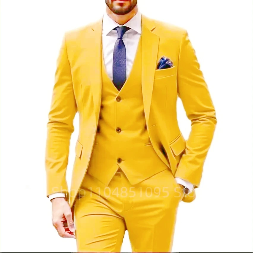 

Elegant Wedding 3 Piece Jacket Pants Vest Full Set Single Breasted Notch Lapel Blazer Brown Male Clothing Business Men's Suits