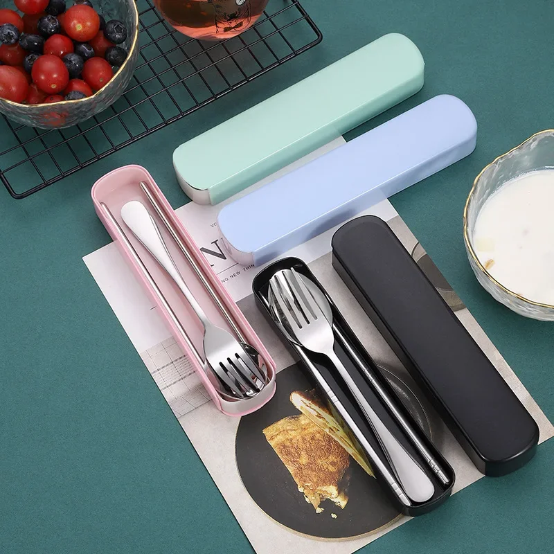 

3PCS/4PCS Portable Cutlery Set Stainless Steel Spoon Chopsticks Fork with Storage Box Home School Travel Tableware Set Christmas