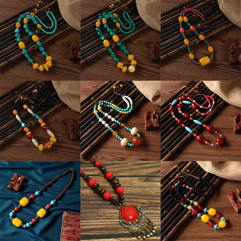 

Personalized retro necklace men's and women's sweater chain accessories beeswax pendant Tibetan jewelry