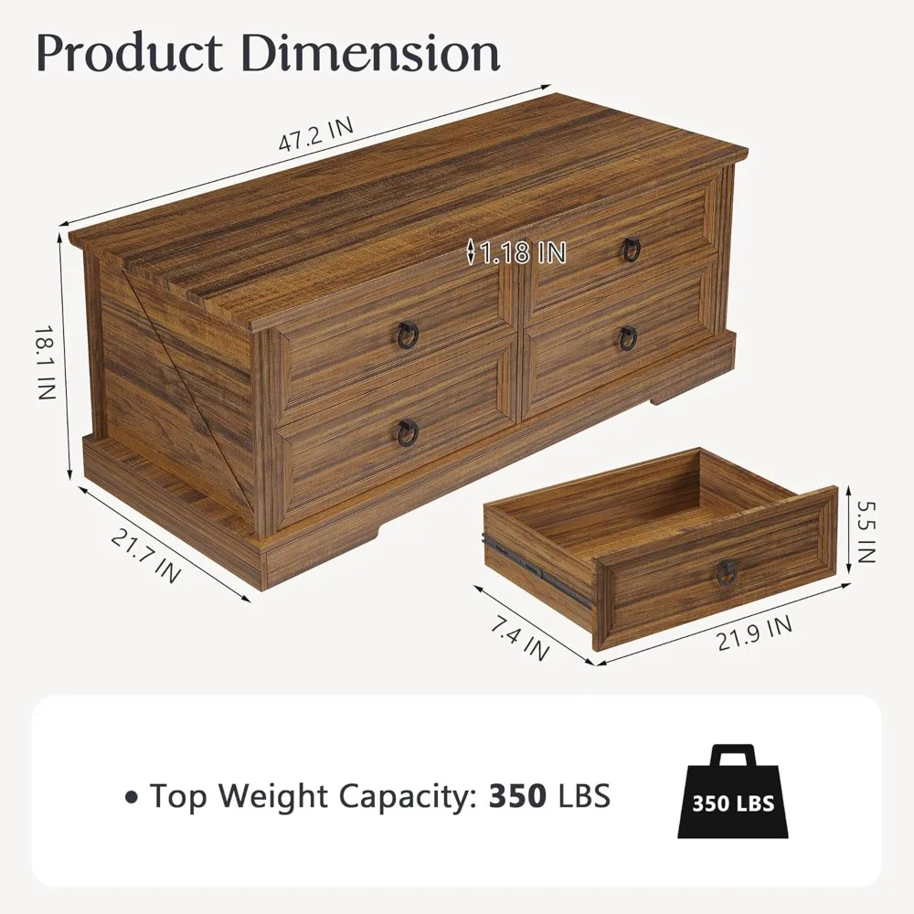 Coffee Table with Storage, 47.2 in Rustic Wooden Center Table with 4 Drawers for Living Room, Easy Assembly Rectangle Home Offic